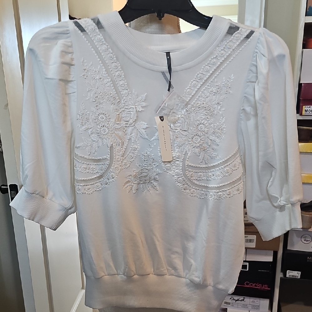 Anthropologie White Embroidered Puff-Sleeve Crewneck Sweater